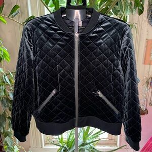 Blue Quilted Velvet Bomber Jacket